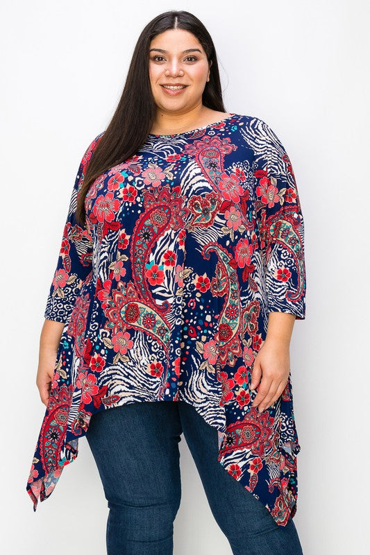 Flower Print Side Drape Top (Red)