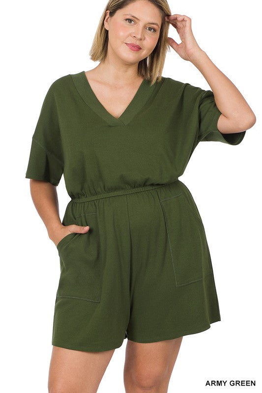 V Neck Romper with Pockets