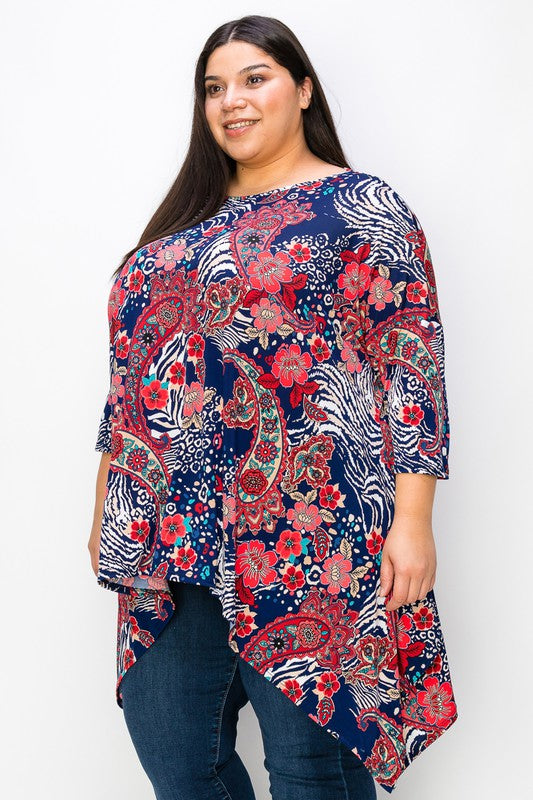 Flower Print Side Drape Top (Red)