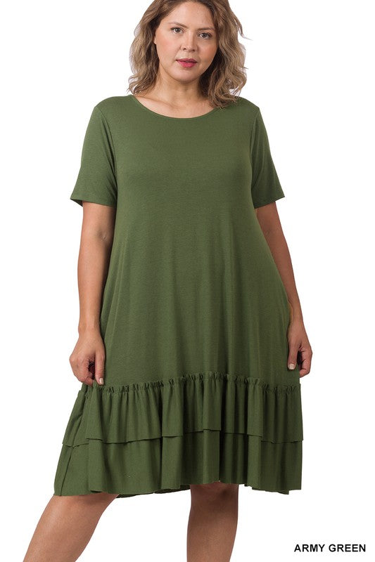 Plus Short Sleeve Round Neck Ruffle Hem Dress