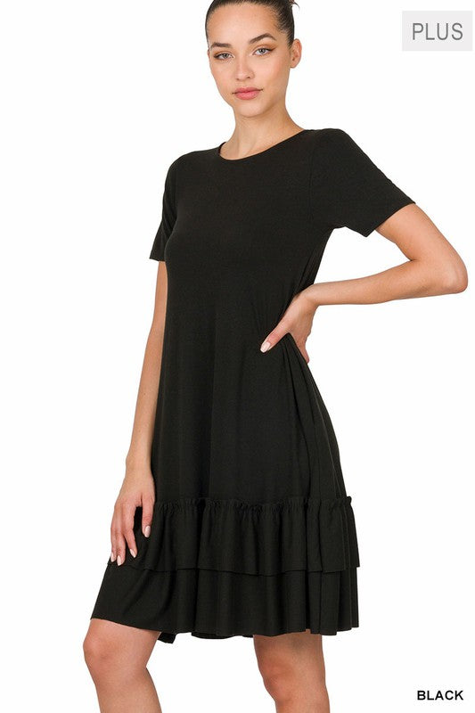 Plus Short Sleeve Round Neck Ruffle Hem Dress