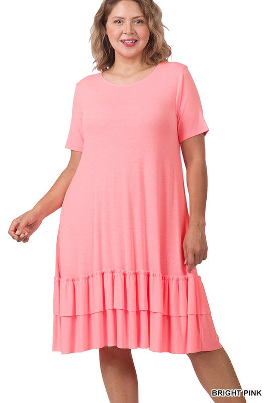 Plus Short Sleeve Round Neck Ruffle Hem Dress