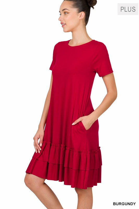 Plus Short Sleeve Round Neck Ruffle Hem Dress
