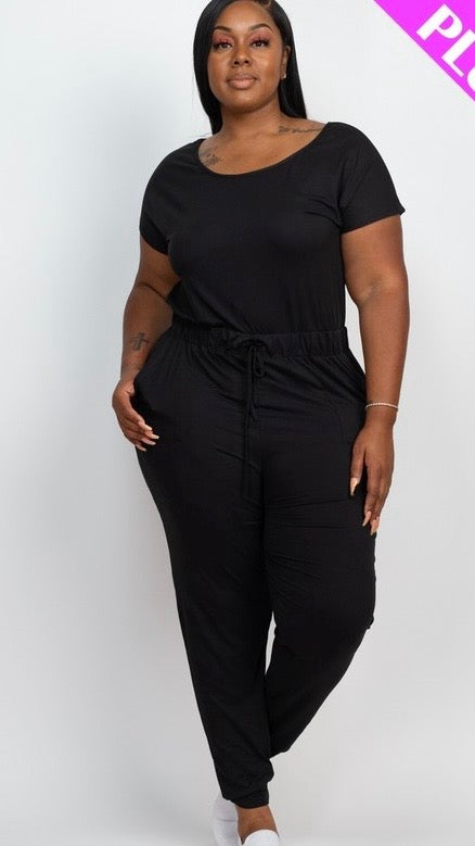 Drawstring Cozy Curvy Jumpsuit Black