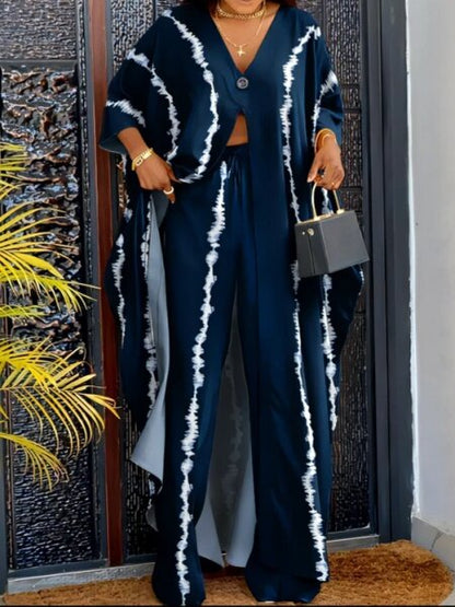 V-neck button print seven-point sleeve kaftan drawstring trousers loose two-piece suit
 HWFQHSYDNX