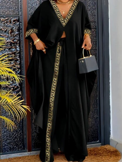 V-neck button print seven-point sleeve kaftan drawstring trousers loose two-piece suit
 HWFQHSYDNX