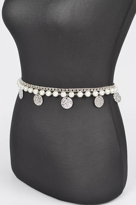 Plus Size Fringe Disk Pearl Accent Chain Belt