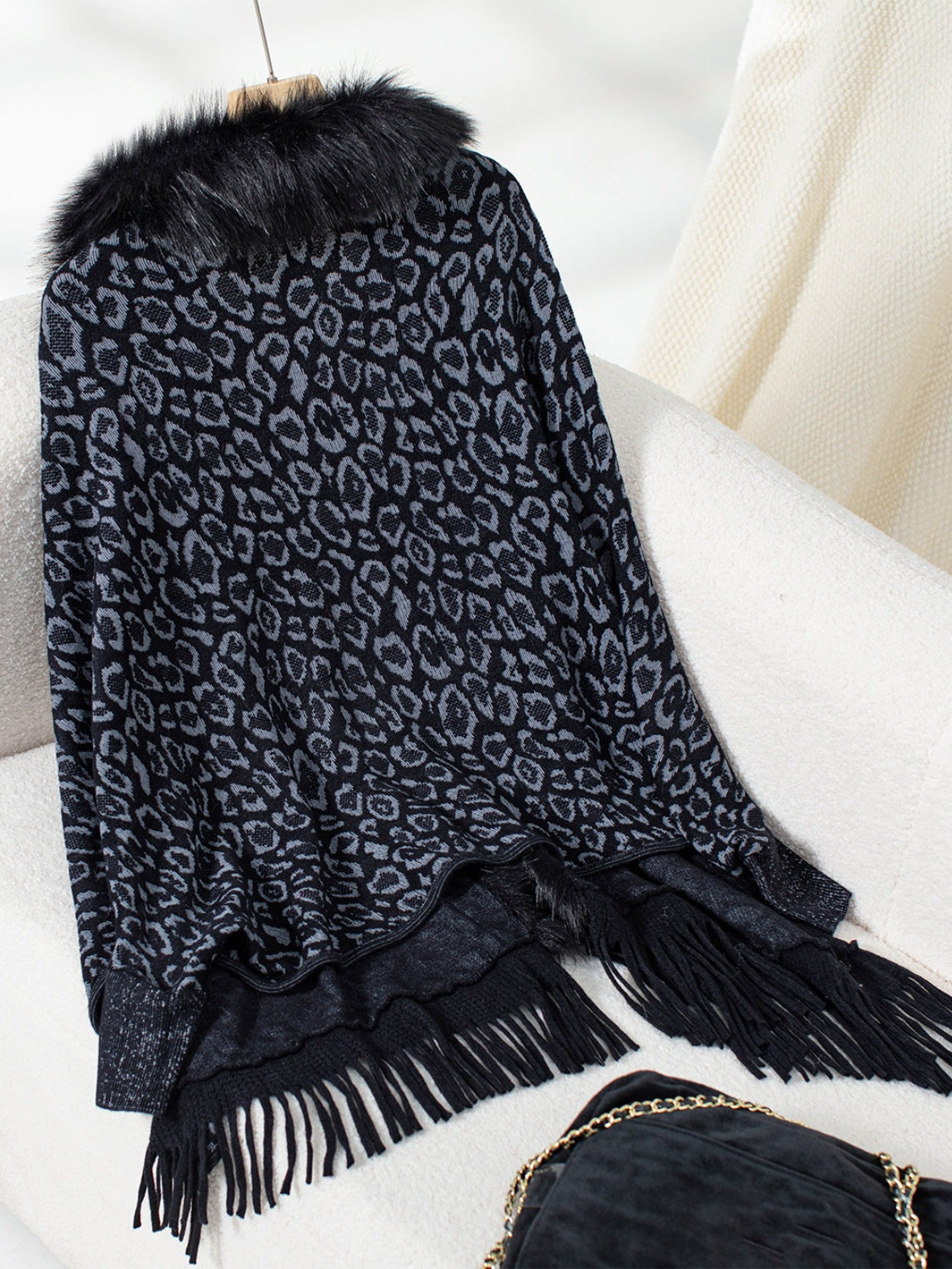 Fringe Leopard Open Front Long Sleeve Poncho