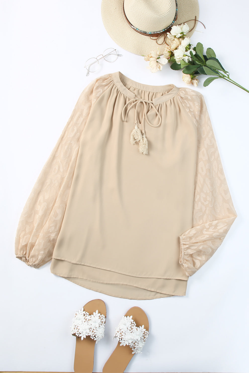 Tassel Tie Neck Long Sleeve Blouse