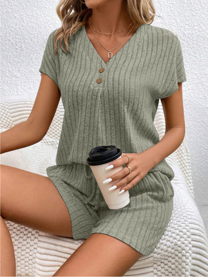 Ribbed V-Neck Top and Shorts Set