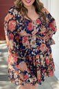 Plus Size Smocked Printed Long Sleeve Dress