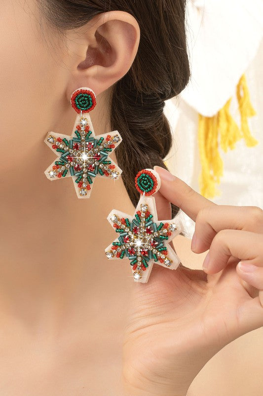 Multi color seed bead snow flake drop earrings