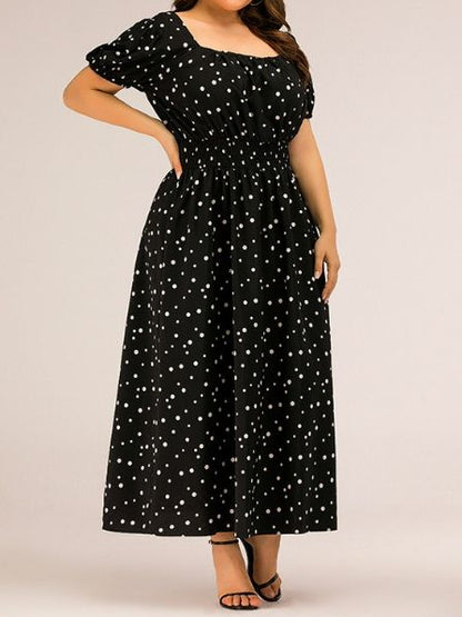 Polka Dot Dress With Square Collar Puffy Sleeves HFD9C7MND7