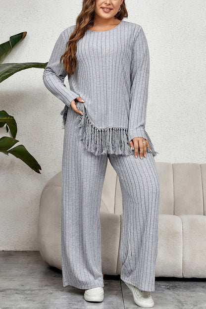 Honey Plus Size Tassel Hem Top and Pants Set