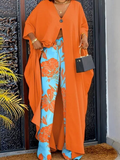 V-neck button print seven-point sleeve kaftan drawstring trousers loose two-piece suit
 HWFQHSYDNX